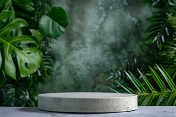 Stone and concrete podium with green leave background