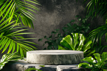 Stone and concrete podium with green leave background