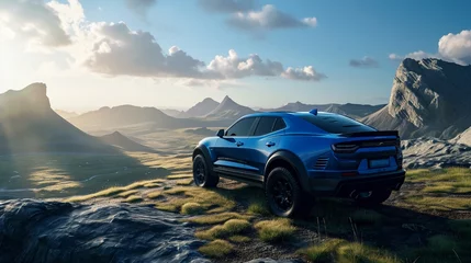 Fototapeten A blue heavy car parked on a mountainous overlook, showcasing its capability in challenging terrains. © Amazing-World