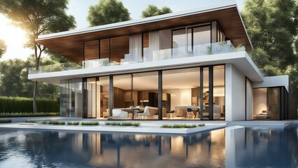 Fototapeta premium Modern luxury home, contemporary house with pool, glass facade, wooden accents, outdoor living space, sleek architecture