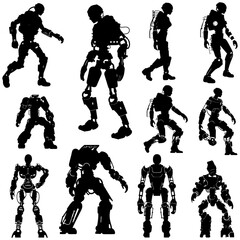 Silhouette various kinds of robot movements black color only full body
