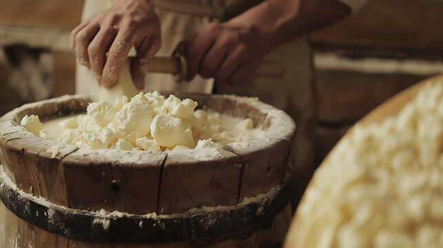Process of making artisanal cheese in a rural farmstead, highlighting the traditional techniques and natural ingredients