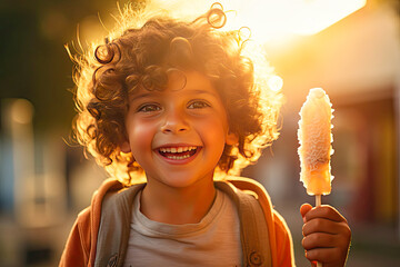 happy child with a popsicle in his hand. Golden hour