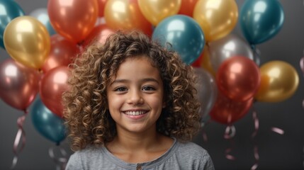 Fototapeta na wymiar Curly-haired little happy cute girl surrounded by shiny air balloons on grey studio background. Concept of childhood, emotions, fun, fashion, lifestyle, facial expression, birthday party. AI banner