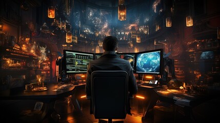 A stock trader in a hectic stock exchange with multiple screens