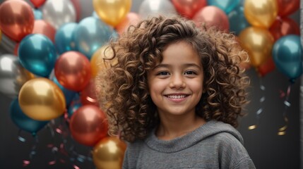 Fototapeta na wymiar Curly-haired little happy cute girl surrounded by shiny air balloons on grey studio background. Concept of childhood, emotions, fun, fashion, lifestyle, facial expression, birthday party. AI banner