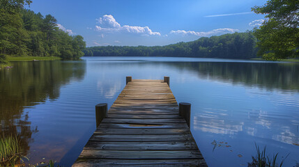 Summer day at the lake. Wooden dock overlooking. - obrazy, fototapety, plakaty