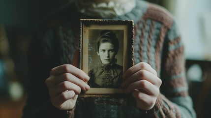 Emotive portrait of a woman holding a vintage photograph, conveying nostalgia and deep personal connection