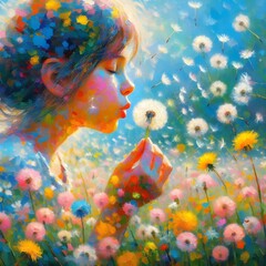 A colorful image of a young girl blowing dandelion seeds across a meadow.
