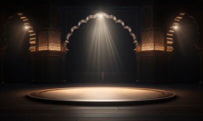 Elegant Islamic Stage with Radiant Spotlight Beams and Ornate Lanterns