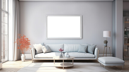 Fototapeta na wymiar wall art mockup with a modern grey blue living room