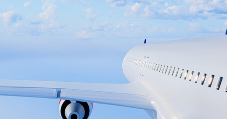Realistic aircraft. Passenger plane in different views. 3D render of an airplane on a sky background.