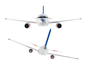 Realistic aircraft. Passenger plane in different views. 3D render of an airplane isolated on white background.