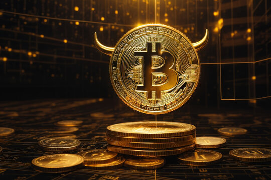 Golden bitcoin with bull horns on abstract financial stock market with golden lines on dark background. The concept of finance, investment, cryptocurrency, investing money, financial crises. AI