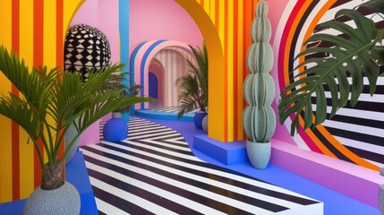 Generative AI, Memphis postmodern style interior with many plants, vibrant surreal colors room	