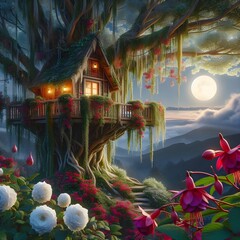 The tree house is in a garden with fuchsia flowers. White roses and moonlight.
 - obrazy, fototapety, plakaty