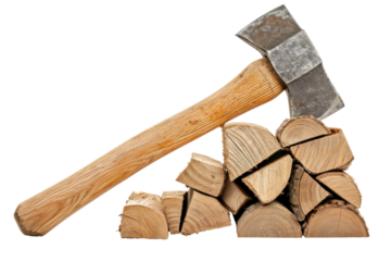 An ax is stuck in a pile of chopped wood, transparent or isolated on white background