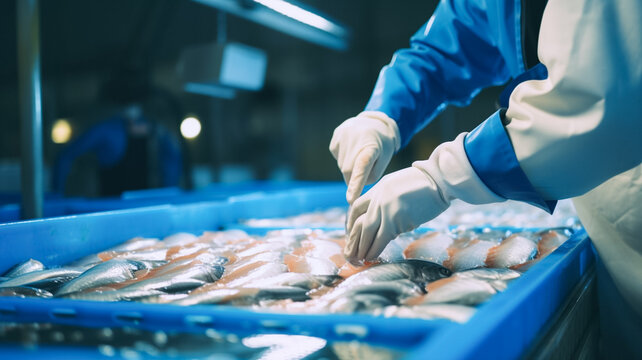 Group of seafood processing staff working the fish moving along the conveyor. Sorting and preparation of fish. Fish processing plant. 