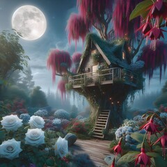 The tree house is in a garden with fuchsia flowers. White roses and moonlight.
 - obrazy, fototapety, plakaty