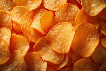 View the potato chip production line at a food industrial plant, featuring filling machines for snacks. An aerial perspective captures the efficient manufacturing process