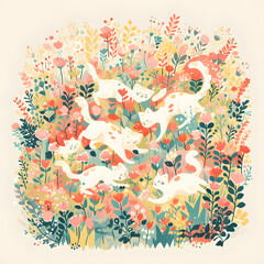 Playful kittens frolicking in a vibrant floral garden, soft pastel colors, cute and uplifting