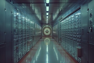 An interior of a bank vault with rows of safety deposit boxes, conveying a sense of confidentiality...