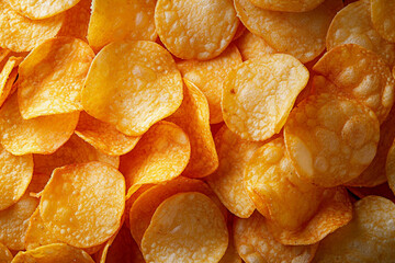 View the potato chip production line at a food industrial plant, featuring filling machines for snacks. An aerial perspective captures the efficient manufacturing process