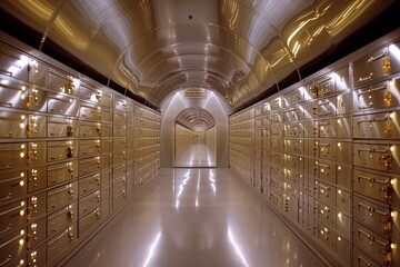 An interior of a bank vault with rows of safety deposit boxes, conveying a sense of confidentiality and trustworthiness.