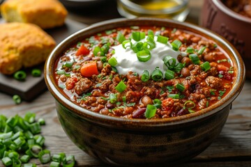 Steaming hot, meaty chili in a rustic bowl, garnished with sour cream, green onions, and a side of cornbread.