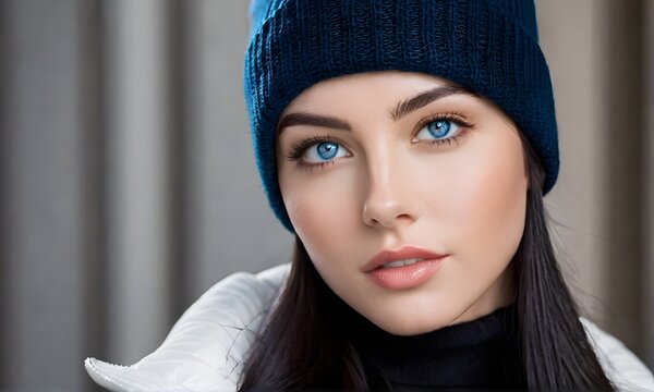 Closeup portrait of beautiful young woman in a hat.	