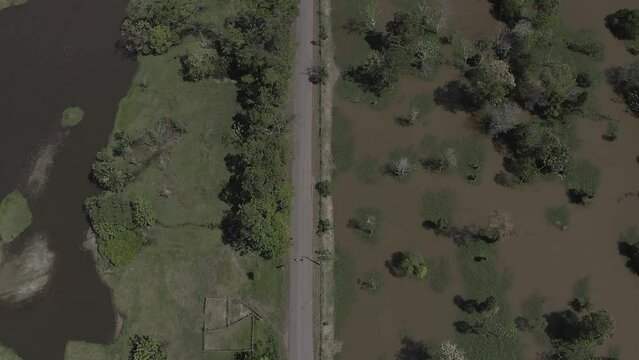 Aerial view of the BR 319 highway linking Manaus and Porto Velho in the Brazilian Amazon. The beginning of the route in Careiro da V&aacute;rzea is surrounded by wetlands and rainforest. Amazonas, Brazil