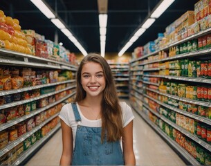 Happy young women in the grocery store