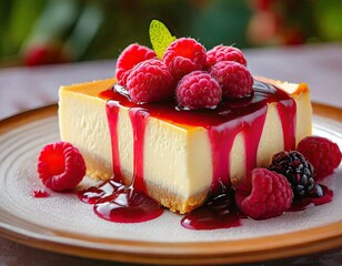 A portion of cheesecake with raspberry sauce and fresh raspberries