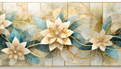 Abstrakcyjna, trójwymiarowa tapeta w odcieniach beżu i niebieskiego z kwiatami, liśćmi i figurami geometrycznymi w tle - obrazy, fototapety, plakaty