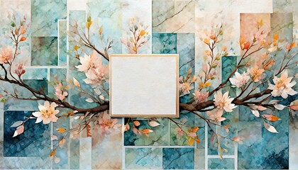 Background with a branch covered with leaves on a wall of blue squares with a white frame