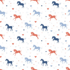 Seamless pattern, cute cartoon horses with hearts
