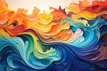 Schilderijen op glas A captivating artwork depicting a vivid wave of vibrant hues, creating an explosion of color, Psychedelic swirls and waves, AI Generated © Iftikhar alam