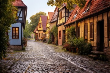 Fototapeta na wymiar A picturesque cobblestone street lined with historic buildings in an enchanting European village, Quaint cobblestone street in a historic town, AI Generated