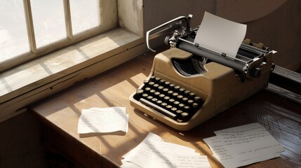 Vintage typewriter on wooden desk with scattered sheets of paper. Positioned slightly right, bathed in natural light from window. Nostalgic charm of classic writing instrument, oozing retro vibes