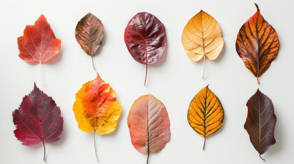 Vibrant autumn leaves in various colors, shapes, and patterns are beautifully arranged against a white background