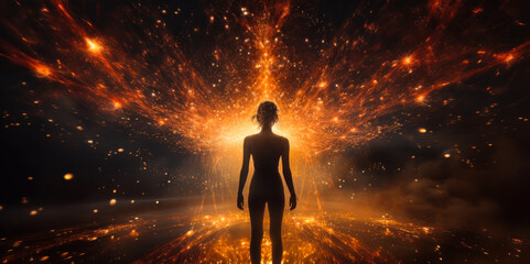 Digital Human Concept with a Female Silhouette Emerging from a Burst of Glowing Particles, Symbolizing Connectivity, AI, and Virtual Reality