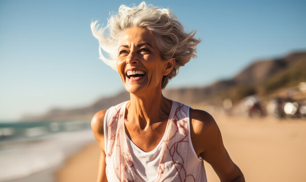 Joyful senior woman with white hair running on the beach, embodying active aging and wellness with a bright smile, in a coastal morning fitness routine