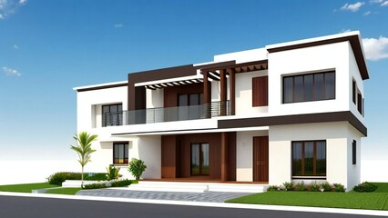 Fototapeta na wymiar 3d house model rendering on white background, Clean and precise 3D illustration modern cozy house. Concept for real estate or property.