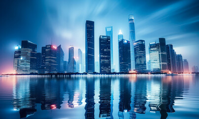 Reflective Waterfront Panorama of Modern City Skyline with Skyscrapers and Bright Blue Sky at Dusk, Urban Architecture and Futuristic Metropolitan Cityscape Concept