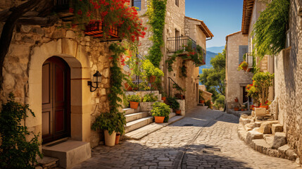 Street in medieval Eze village at French Riviera.