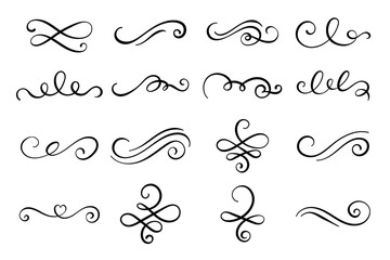 Set of hand drawn flourish elements. Calligraphic swirl collection. Vector illustration.