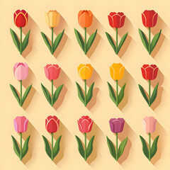 Lots of tulip flat vector illustration with shadows. High-resolution