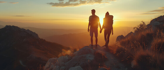 silhouette of two people hiking on the top of a mountain