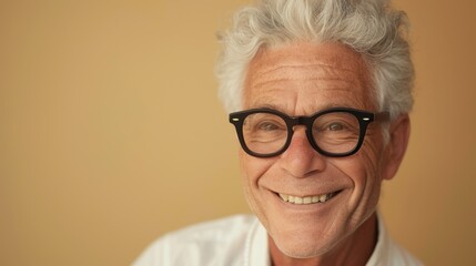 Smiling older man with white hair and black glasses wearing a white shirt against a warm yellow background.