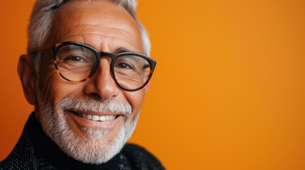 Smiling older man with white beard and glasses against orange background.